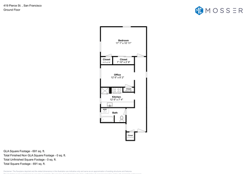 Floor plan for 1 bed, 1 bath, 726 sqft
